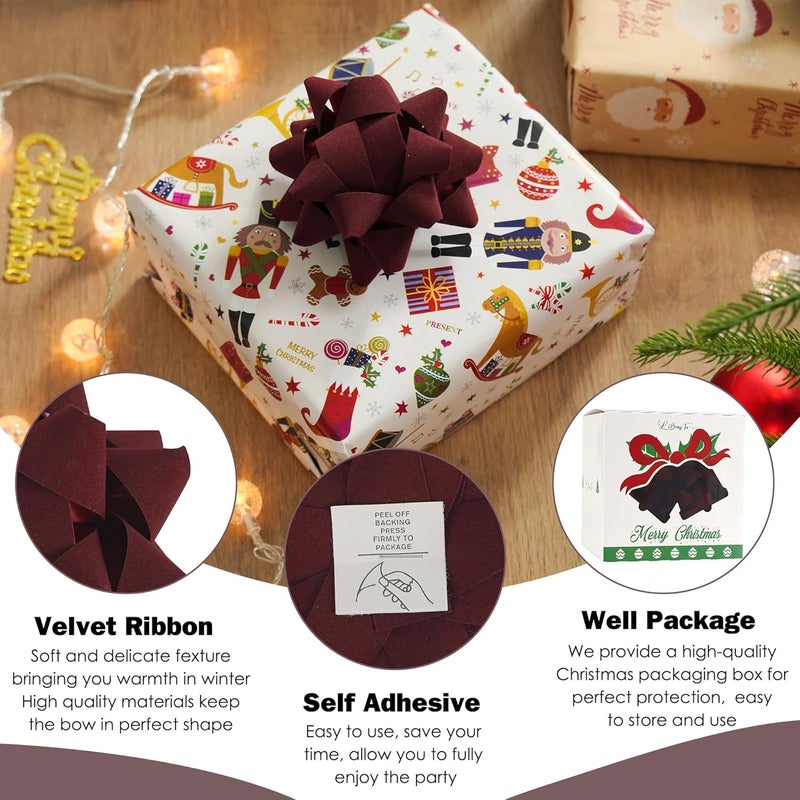 LiBongTa 4.5'' Dark Red Velvet Ribbon Gift Bow, Premade Bow for Gift Wrapping Self Adhesive, Red Bows Christmas Decorations, Wrapping Bows for Presents, Party Favor, Holiday, Wedding, Birthday-12 PCs - Image 3